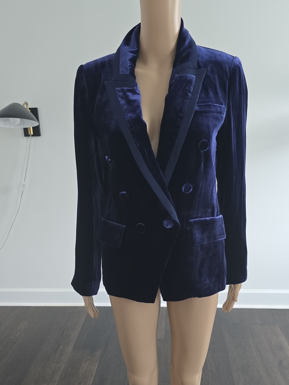 L'AGENCE Double-Breasted Velvet Blazer in Midnight